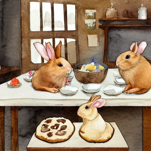 Prompt: a rabbit, and a guinea pig, baking cookies together, inside a french cozy kitchen, realistic watercolour