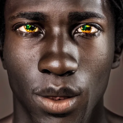 Prompt: photograph of a Nigerian young man with piercing blue eyes, glassy eyes, green galaxy in eyes, ancient kingdom, dramatic lighting, dramatic lighting, beautiful, epic, glorious, extreme detail, 4k, award-winning