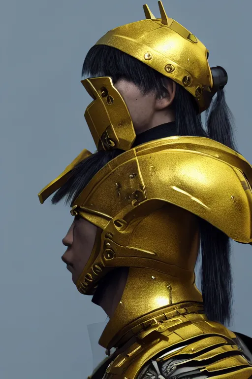 Prompt: hyperrealistic cyberpunk samurai character, gold warrior helmet, gold armour, ultradetailed, volumetric lighting, depth of field, 4k UHD.