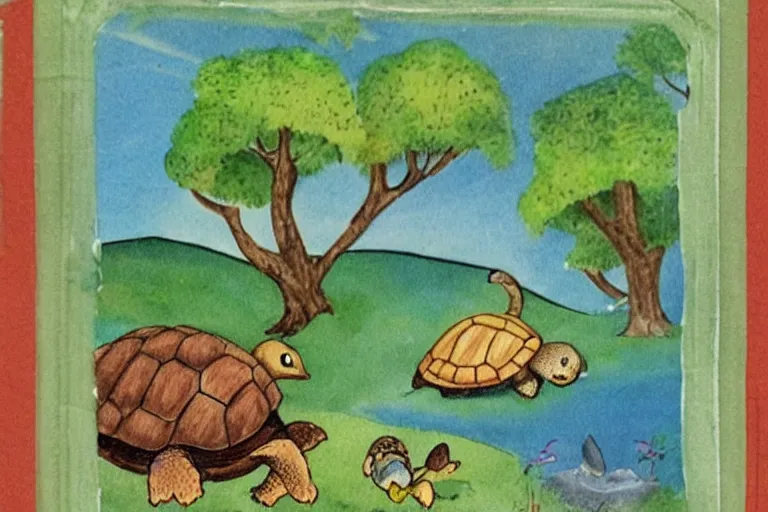 Image similar to turtle and chick, children's book illustration, beautiful