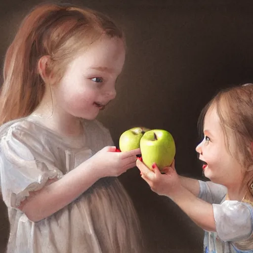 Image similar to a portrait of a little girl feeding an apple to a skeleton horse, the girl looks happy and have bright eyes and a porcelain face, matte painting 3 d watercolour rendering,