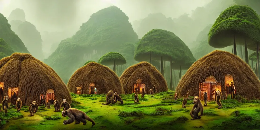 Prompt: a jungle village of alino gorillas and their mushroom huts, matte oil painting, retrofuturistic, science fantasy, salt, rust, mutant, lgbt, queer, rpg, epic, dungeons & dragons, sacred, sharp focus, award - winning, extremely detailed, 4 k, 8 k