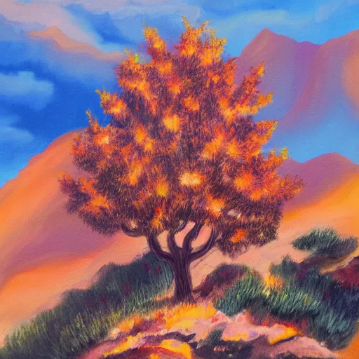 Image similar to A painting of a burning bush in mountainous terrain