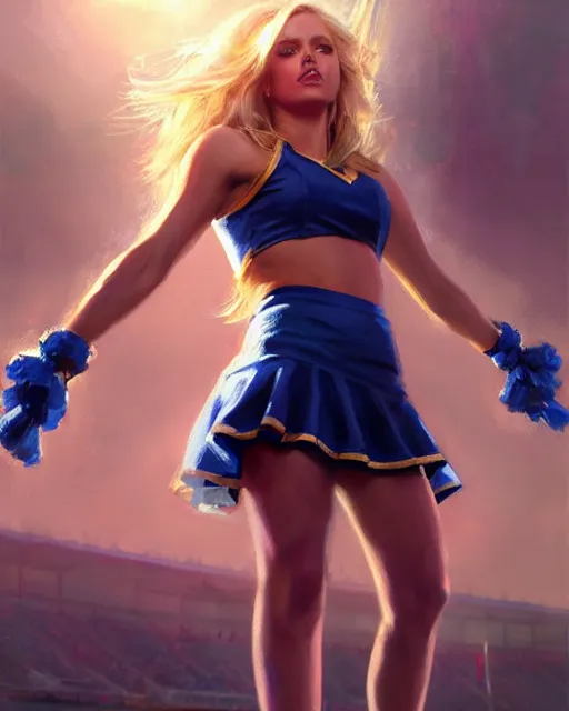 Image similar to epic portrait cinematic shot an cheerleader taunting, stadium backround, shiny skin, flowing blonde hair, fine details. night setting. realistic shaded lighting poster by craig mullism, artgerm, jeremy lipkin and michael garmash, unreal engine, radiant light, detailed and intricate environment, digital art, trending on art station,