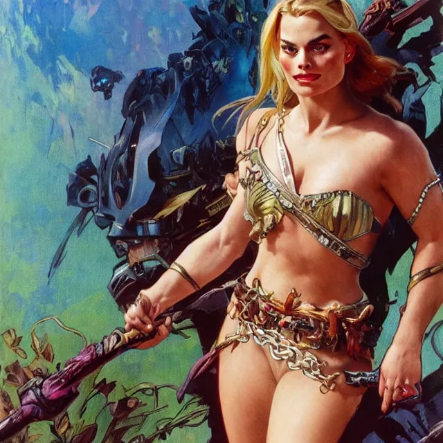 Prompt: an aesthetic!, detailed portrait of margot robbie dressed as a barbarian for marvel studios, action movie still, by frank frazetta and alphonse mucha, oil on canvas, bright colors, art nouveau, epic composition, dungeons & dragons, fantasy art, hd, god rays, ray tracing, crisp contour lines, huhd - 8 k