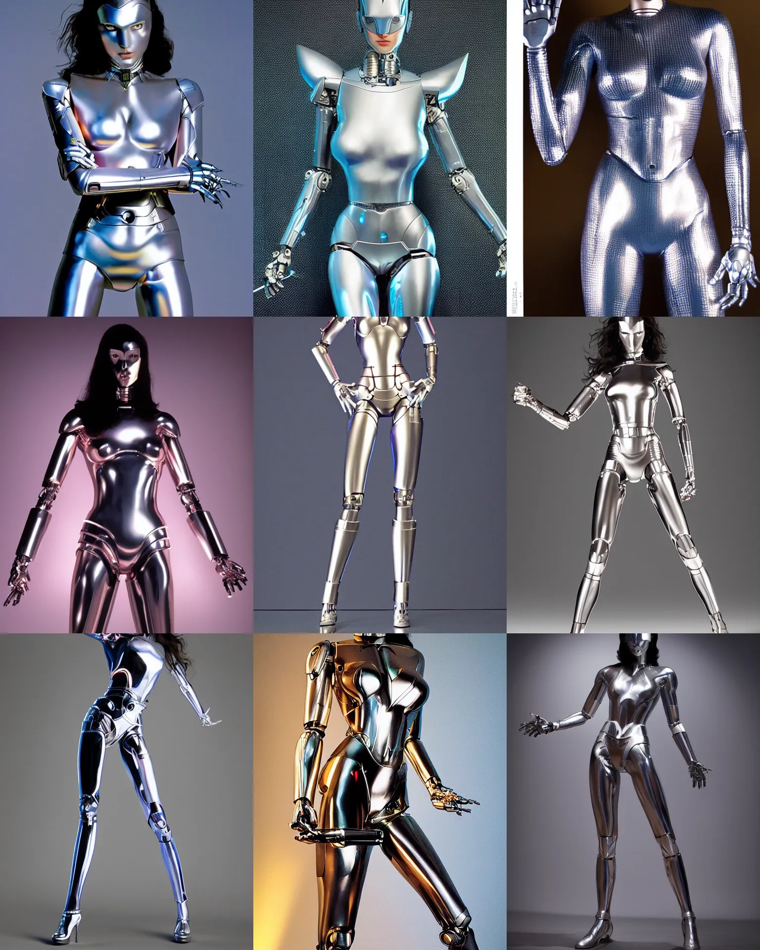 Image similar to Hajime Sorayama designed Metallic Robot Woman as Gal Gadot, Studio Lighting. Robot woman’s skin made out of reflective chrome, Full body, Hyperreal