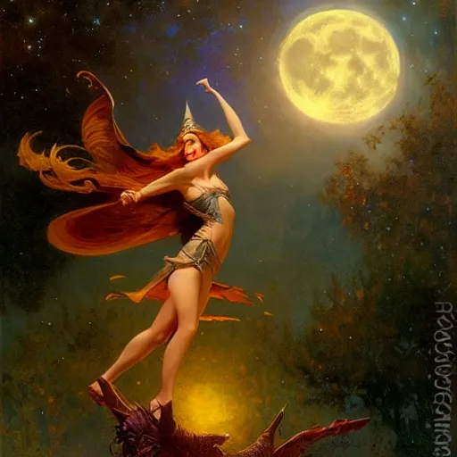 Image similar to attractive witch magically flying trough the night, fantasy, full moon in background. highly detailed painting by gaston bussiere, craig mullins, j. c. leyendecker 8 k