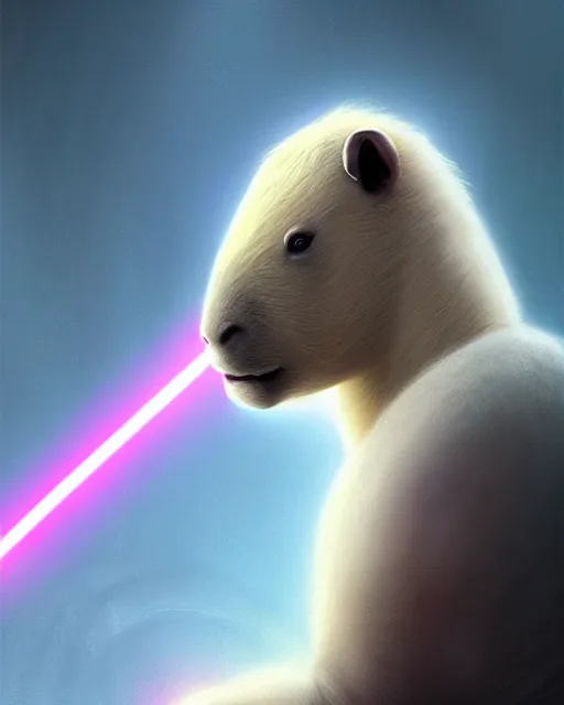 Image similar to a white capybara dressed as a sith lord, beautiful, agile, fairy, myth, legend, detailed, trending on artstation, light effects, kilian eng, john harris, bastien lecouffe - deharme