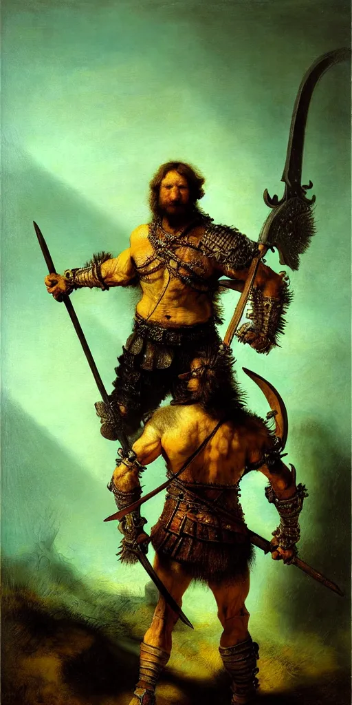 Prompt: muscular endoskeleton barbarian hunter full body pose, sun rays , small bird sihouettes in cyan background , very textured detailed oil painting by rembrandt , hard backlight , in dark cave