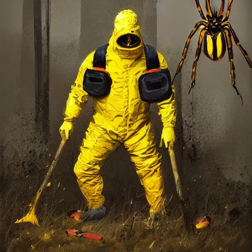 Image similar to a painting of a man in a yellow bio hazard suit holding a bucket and looking at monster spider, poster art by jakub rozalski, trending on artstation, nuclear art, apocalypse art, dystopian art, poster art