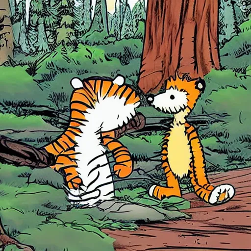 Prompt: Calvin and Hobbes camping in the forest in the future