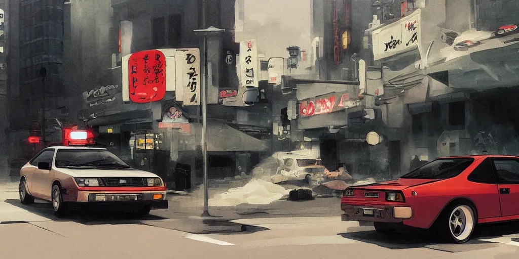 Prompt: ae 8 6 parked on a tokyo street, digital painting, masterpiece, by ilya kuvshinov, by frank frazetta, by mbius, by reiq, by hayao miyazaki