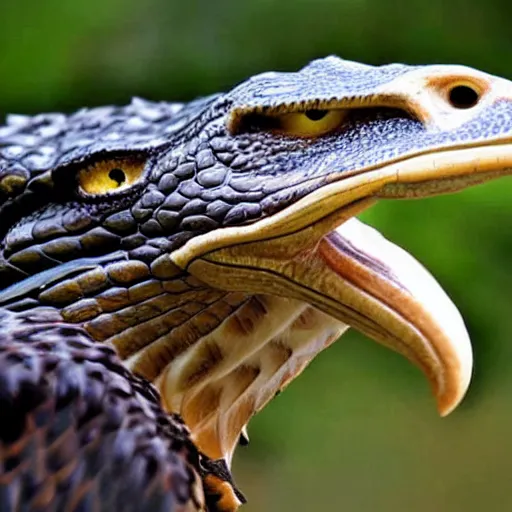 Image similar to hawk and crocodile morphed together, half crocodile, half hawk, real picture taken in zoo, realistic hawk proportions, head of crocodile is seamlessly merged with hawk head, toothy beak,