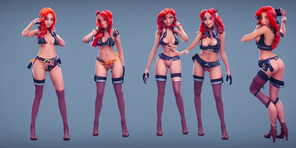 Prompt: Character sheet of pool party miss fortune (League of Legends). 3d, octane render, trending on artstation