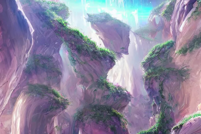 Prompt: futuristic cyberpunk city with lush garden located on rgb Antelope canyon, rocks formed by water erosion, beautiful smooth sandstone in unique shapes with light beams that shine through its walls, polish narrow slots of walls into a striated swirling finish, digital painting, concept art, smooth, sharp focus, from Star Trek 2021, illustration, by WLOP and Ruan Jia and Mandy Jurgens and William-Adolphe Bouguereau, Artgerm