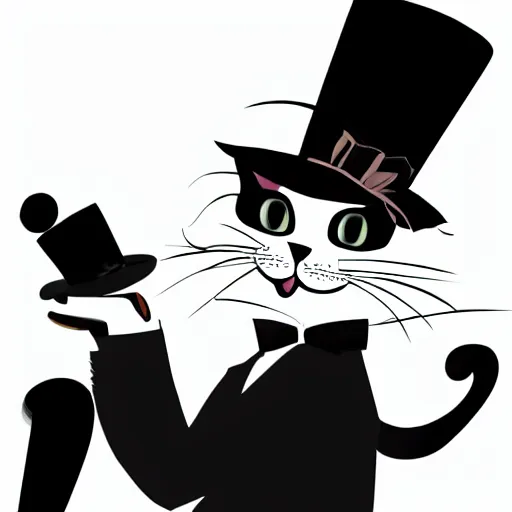 Prompt: a black and white cat wearing a top hat, vector art by hanns katz, golden monocle on right eye | character portrait by puru, furry art, deviantart contest winner | purism, concept art, flat shading, vanitas | anthropomorphic!! cat with black left ear and black right paws