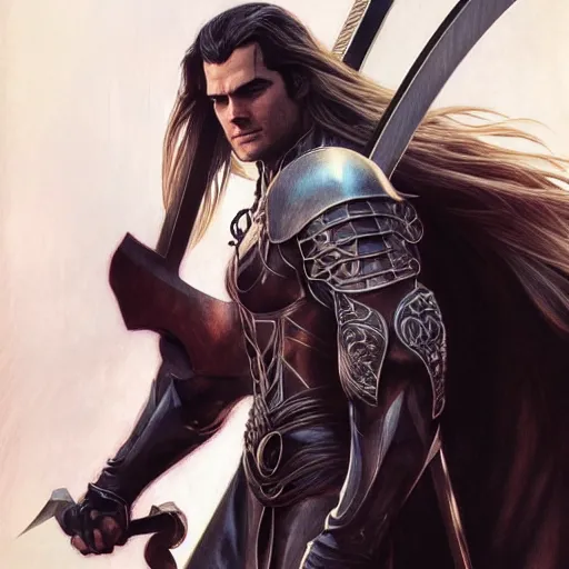 Image similar to Henry Cavill as Sephiroth wielding a katana, western, D&D, fantasy, intricate, elegant, highly detailed, digital painting, artstation, concept art, matte, sharp focus, illustration, art by Artgerm and Greg Rutkowski and Alphonse Mucha