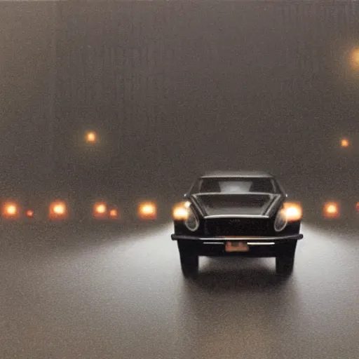 Prompt: A mysterious figure sitting at a black 1970's Chrysler Le Baron with the headlights on, parked on the side of the road in the city of New York while it is raining, by George Tooker, dark and dim, moody, sinister, lighting, 8k render, hyperrealistic 150-W 1024