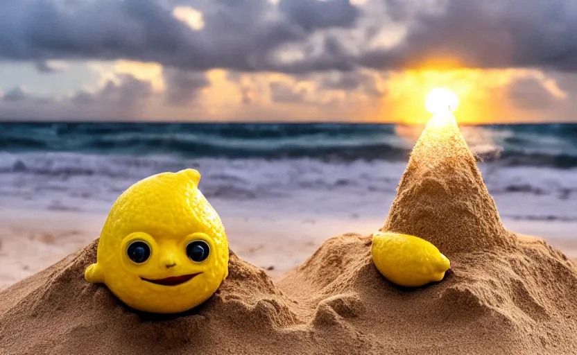 Image similar to 5 0 mm photograph, of a real anthropomorphic lemon character, with lemon skin texture, it is wearing a hat and scuba diving, building a sandcastle on the beach at sunset, beach, huge waves, sun, clouds, tropical trees, rim light, cinematic photography, professional, sand, sandcastle, volumetric lightening