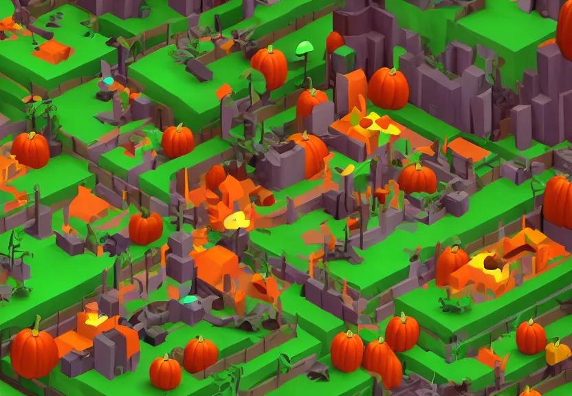 Image similar to evil forest halloween themed isometric game level, stylized, toon shader, arnold maya render