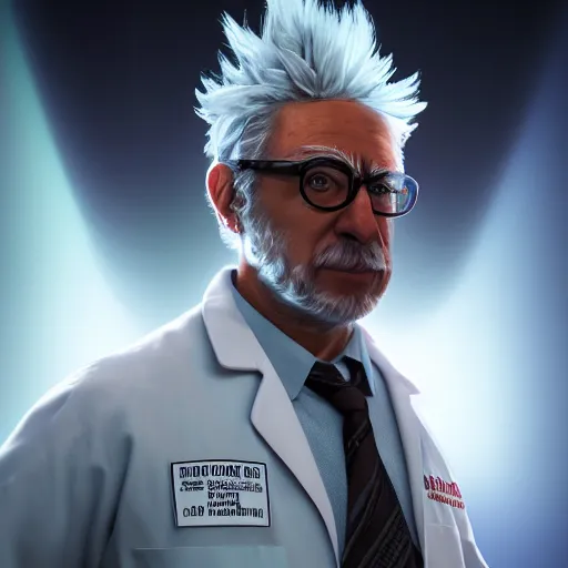 Image similar to portrait of rick sanchez, lab coat and tee shirt, lens flare, atmosphere, glow, detailed, intricate, full of colour, cinematic lighting, trending on artstation, 4 k, hyperrealistic, focused, extreme details, unreal engine 5, cinematic, masterpiece