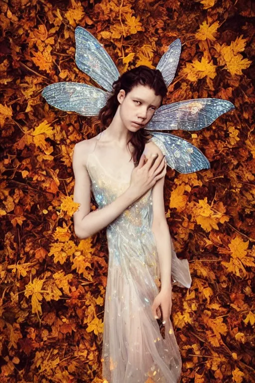 Image similar to masterwork full body photograph of astrid berges frisbey as a fairy. highly detailed sharp focus face. wearing a dress made out of stars. resting on a background of autumn leaves. fluid, dreamy, ethereal, vivid colours. wow! cinematic lighting. trending on artstation. cgsociety. by moebius. megapixels.