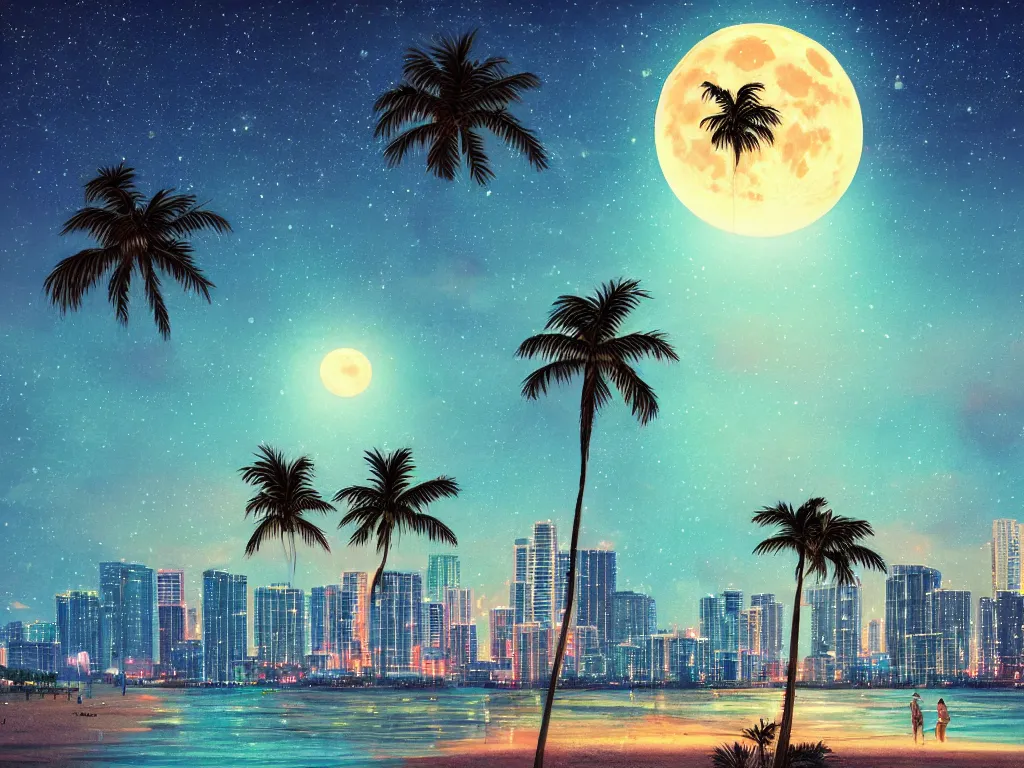 Image similar to night on a summer miami beach, city on the background, palm trees, footprints in the sand, full moon reflected in the calm ocean, starry sky, 8 k, ultra detailed, trending on artstation, digital painting, synthwave and retrowave style
