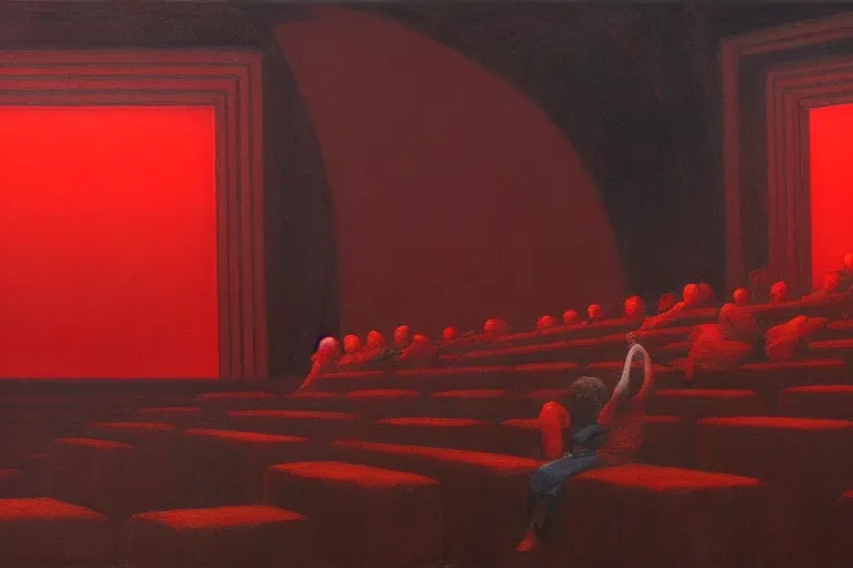 Image similar to only with red, crowd screaming, an exposed painting in a roman theater, in the style of beksinski, parts by edward hopper, parts by rodcenko, parts by yue minjun, intricate and epic composition, red by caravaggio, insanely quality, highly detailed, masterpiece, red light, artstation, 4 k