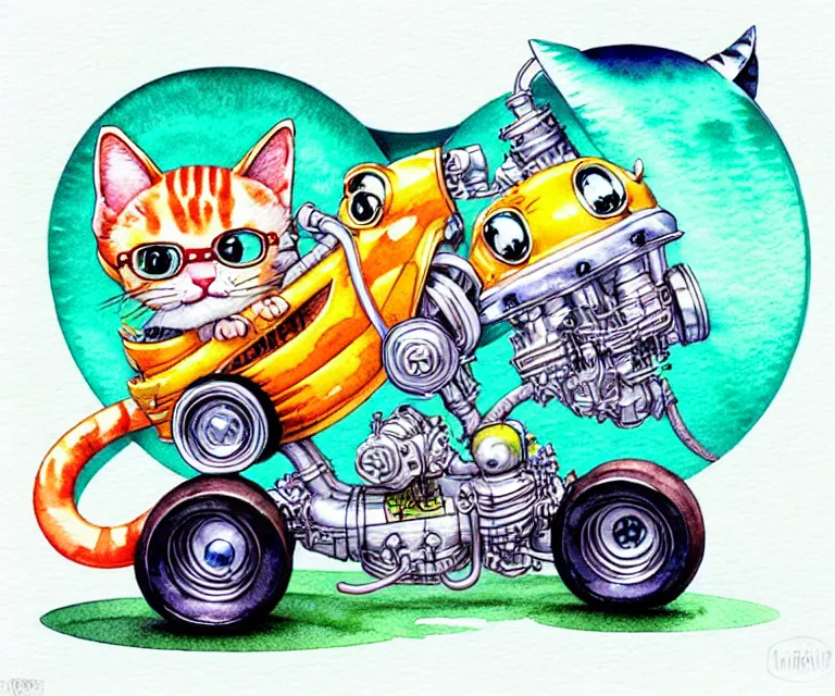 Image similar to cute and funny, kitten wearing a helmet riding in a tiny hot rod with an oversized engine, ratfink style by ed roth, centered award winning watercolor pen illustration, isometric illustration by chihiro iwasaki, edited by range murata, tiny details by artgerm and watercolor girl, symmetrically isometrically centered, sharply focused