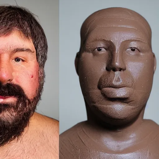 Prompt: a 53 year old man, made of chocolate. overweight, long face, wide face, chubby face, handsome, with a goatee beard, very short shaved gray hair, heavy-set lower jaw, brown eyes, wide nose