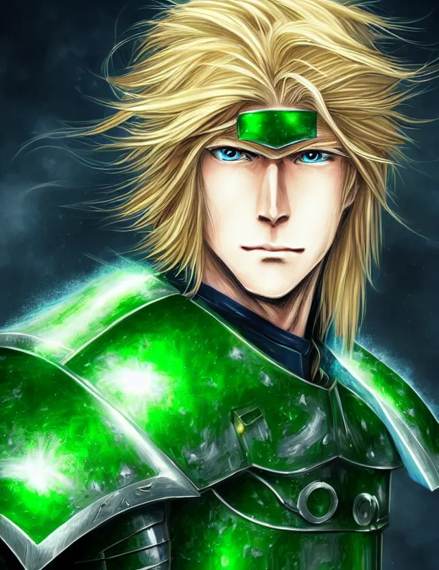 Image similar to a detailed manga portrait of a long haired blonde man with blue eyes in green armour glowing with green energy, trending on artstation, digital art, 4 k resolution, detailed, high quality, sharp focus, hq artwork, coherent, insane detail, character portrait