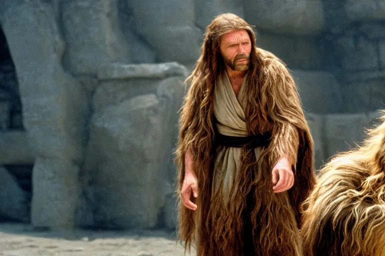 Prompt: A high quality movie still from the film The Passion of Christ, starring Chewbacca