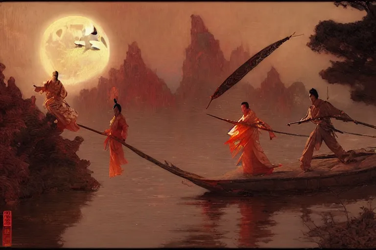 Image similar to wuxia, moon, river, night, painting by gaston bussiere, craig mullins, j. c. leyendecker