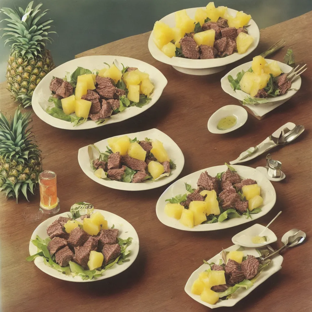 Prompt: a dreamy photo of beef salad and pineapple jelly, 1981