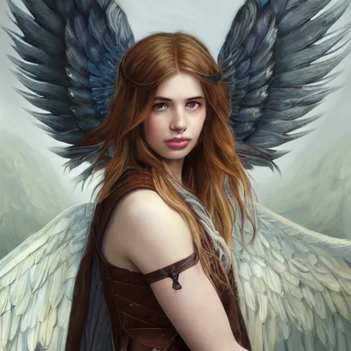 Image similar to portrait of young aasimar angel girl maiden wearing comfy leather armor with beautiful feathered angel wings, cute face, brown eyes, Alison Williams, Emma Roberts, Blizzard, Diablo, by artgerm and greg rutkowski and alphonse mucha and andrei riabovitchev, 4k oil on linen, vivid colors, colorful, high dynamic range, HDR, intricate, elegant, highly detailed, digital painting, artstation, concept art, smooth, sharp focus, illustration