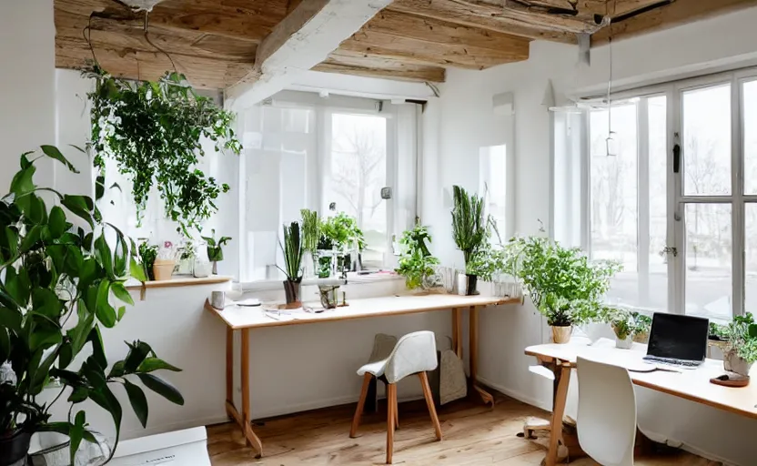 Image similar to cottage style office interior, rustic wood, stucco beige walls, multiple desks, white, bright, minimalistic, potted plants, cupboards, large windows with a view of a park, swedish design, bohemian, green