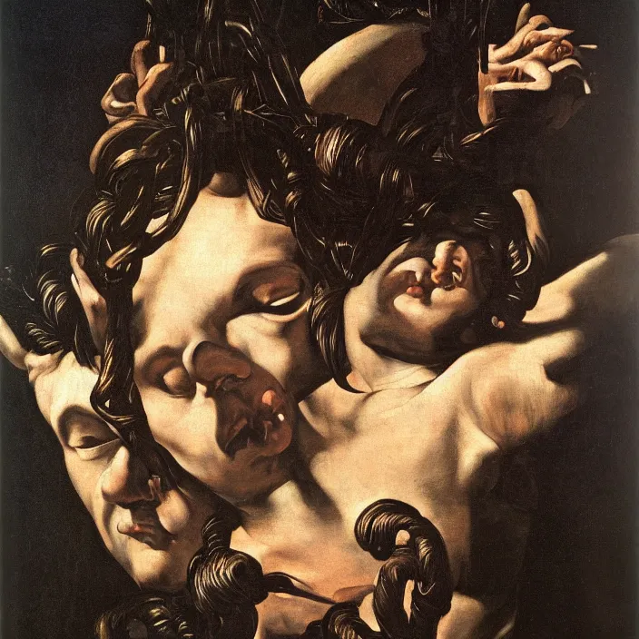 Image similar to Caravaggio-style portrait of Medusa