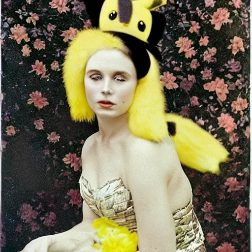 Image similar to elegant woman dressed up as pikachu, wearing black lacy stockings, art photo by Annie Liebovitz and Alphonse Mucha