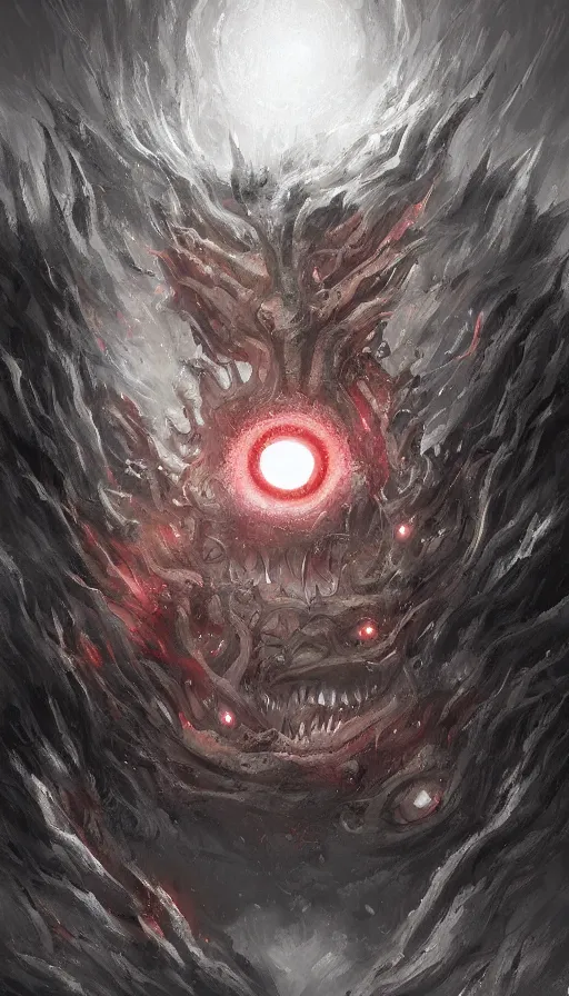 Image similar to a storm vortex made of many demonic eyes and teeth, by wlop