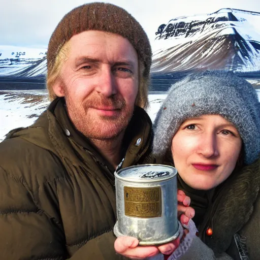 Image similar to a highly detailed portrait of a couple holding a tin can, remote icelandic village, blonde hair, trending on artstation,