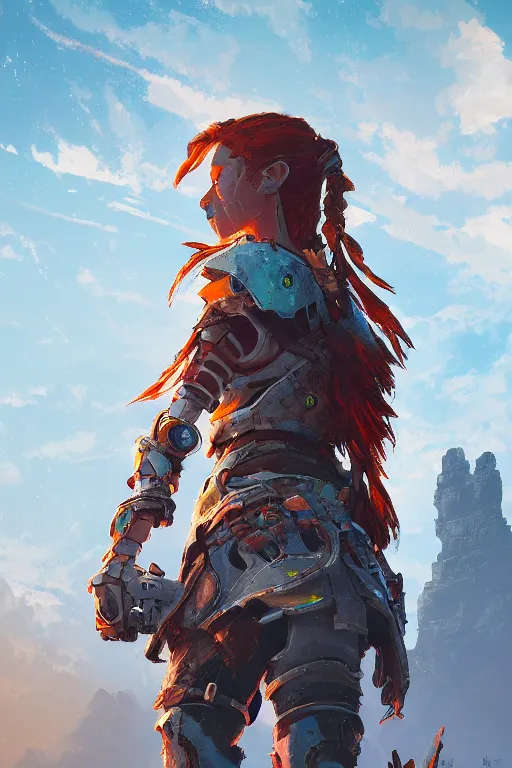 Image similar to combination suit armor aloy horizon forbidden west horizon zero dawn radiating a glowing aura global illumination ray tracing hdr fanart arstation by ian pesty and alena aenami artworks in 4 k tribal robot ninja mask helmet backpack