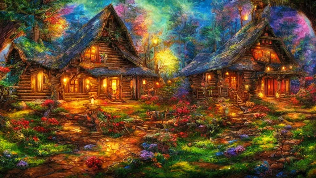 Prompt: Beautiful cabin in the woods” Beautiful Dreamscape, Digital art, concept art, detailed, lovely colors, Art station,3-D 4K, beautiful background, matte painting, Josephine wall,