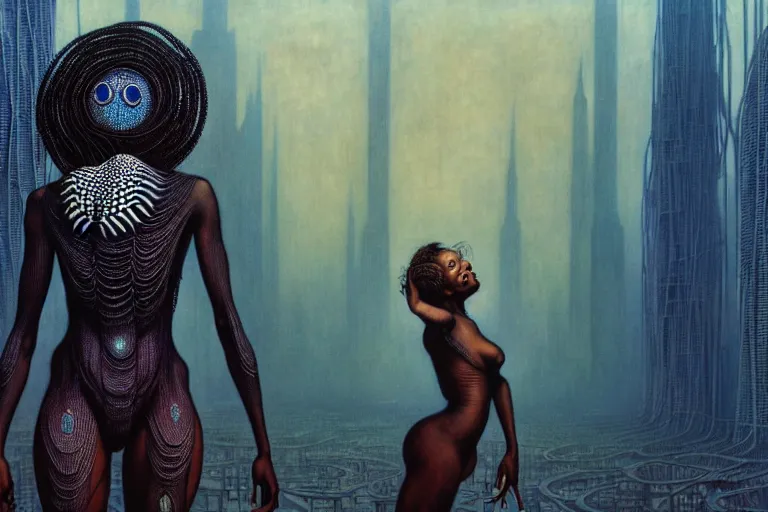 Image similar to realistic detailed photorealistic portrait movie shot of a beautiful black woman with a giant spider, dystopian city landscape background by jean delville, denis villeneuve, amano, yves tanguy, alphonse mucha, ernst haeckel, david lynch, edward robert hughes, roger dean, cyber necklace, rich moody colours, cyber patterns, wide angle