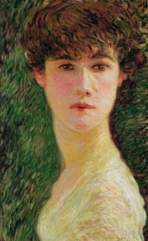 Prompt: portrait by claude monet!! of a woman!! looking at us, brown short hair, slight blush on face! forest!!!