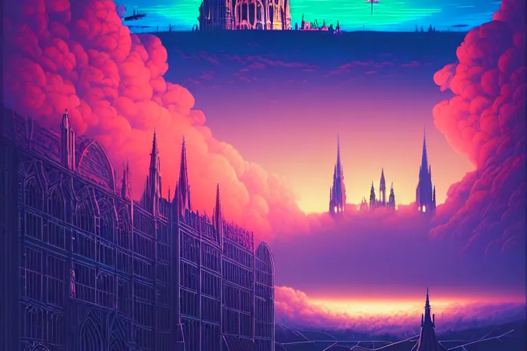 Prompt: a gothic cathedral floating above the clouds dan mumford and josan gonzalez and simon stalenhag, cyberpunk, vibrant, neon signs, high contrast, light blue sky