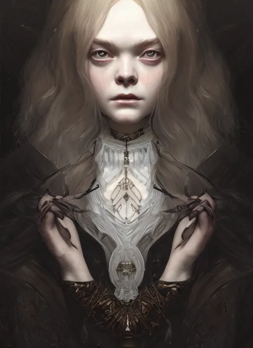 Prompt: symmetry!! portrait of elle fanning in dark souls, horror, fashion, dark!! intricate, elegant, highly detailed, digital painting, artstation, concept art, smooth, sharp focus, illustration, art by artgerm and greg rutkowski and alphonse mucha