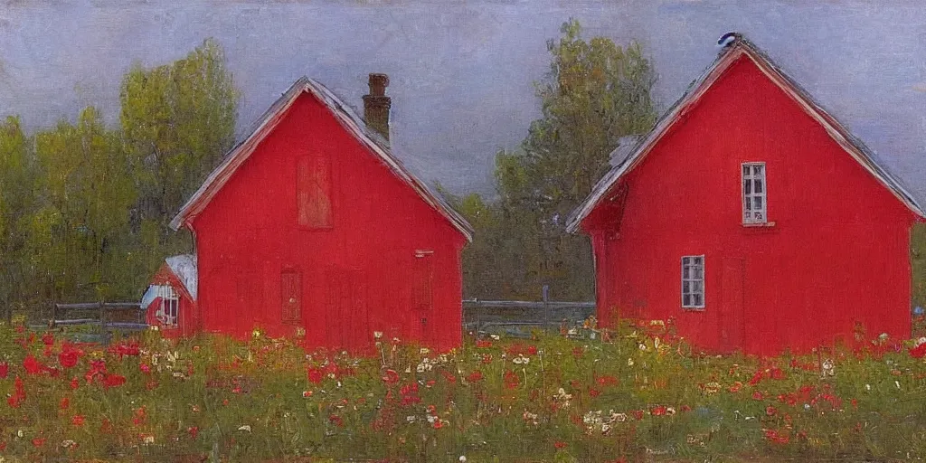 Image similar to a swedish red cottage in the style of ilya repin