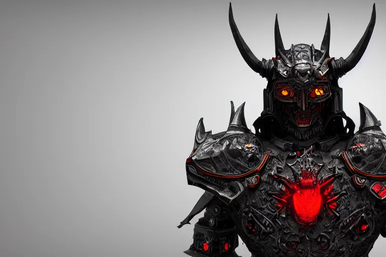Image similar to an evil robot wearing devil medieval armor, in the style of fantasy digital art, trending on artstation hq, 4 k, uhd, high quality