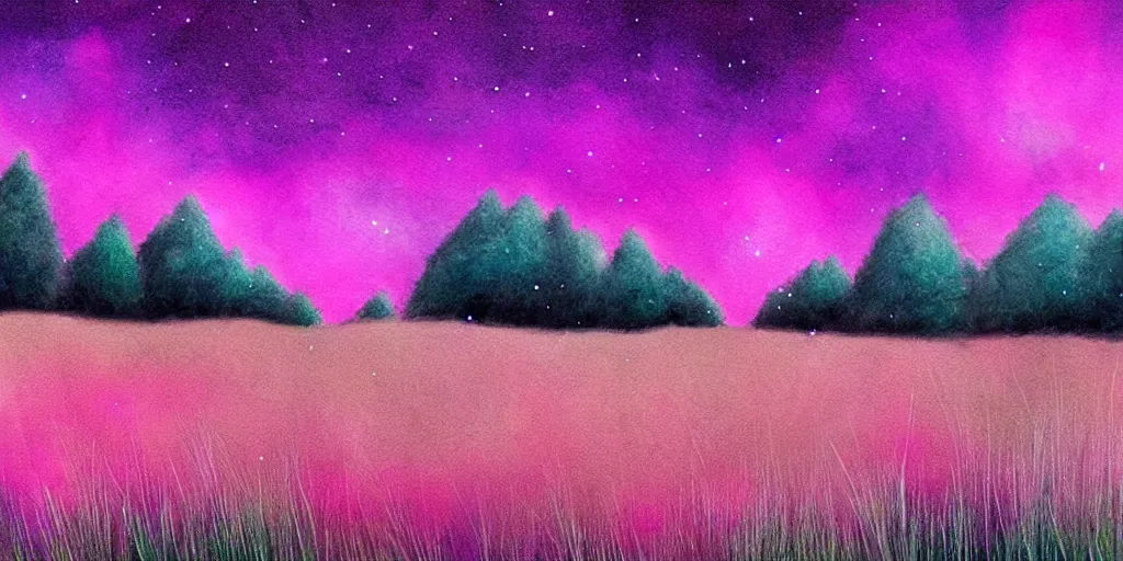 Prompt: in this far off planet pink grass glows under the dark inky sky as sentient trees meditate, award winning art, epic dreamlike fantasy landscape, art print, science fiction, ultra realistic,