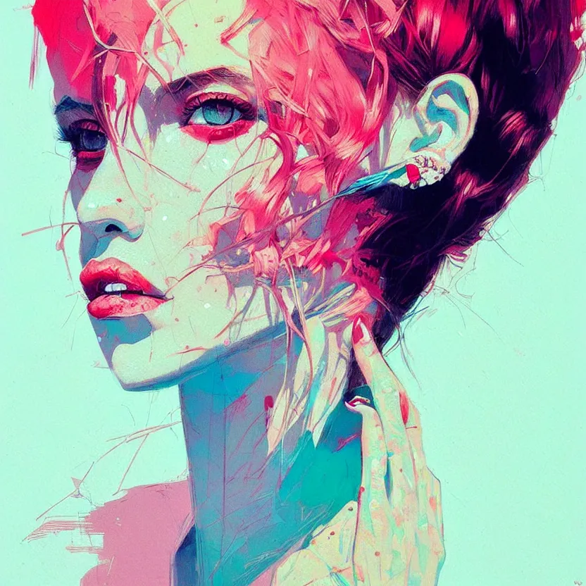 Image similar to close up portrait painting of a female in nineties street styling, concept art, intricate details, aesthetically pleasing pastel colors, art by conrad roset, impressionism, portrait